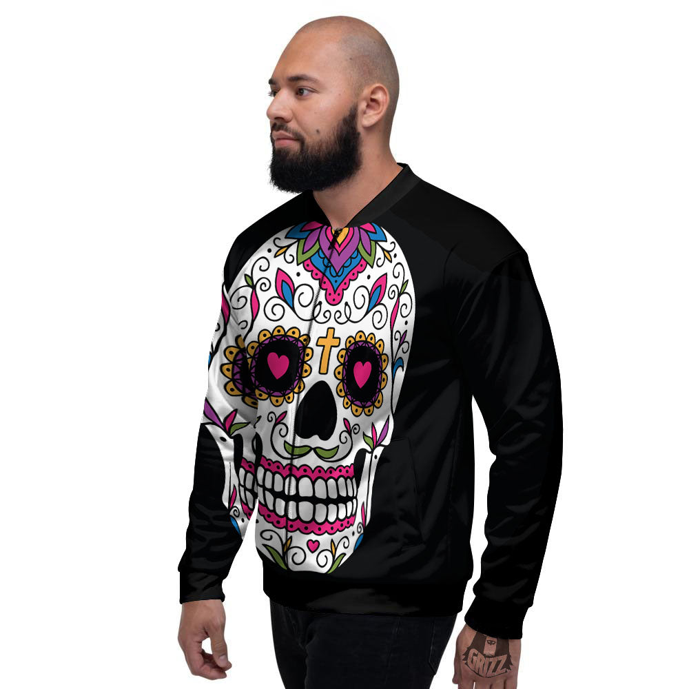Sugar Skull Day Of The Dead Print Men's Bomber Jacket-grizzshop