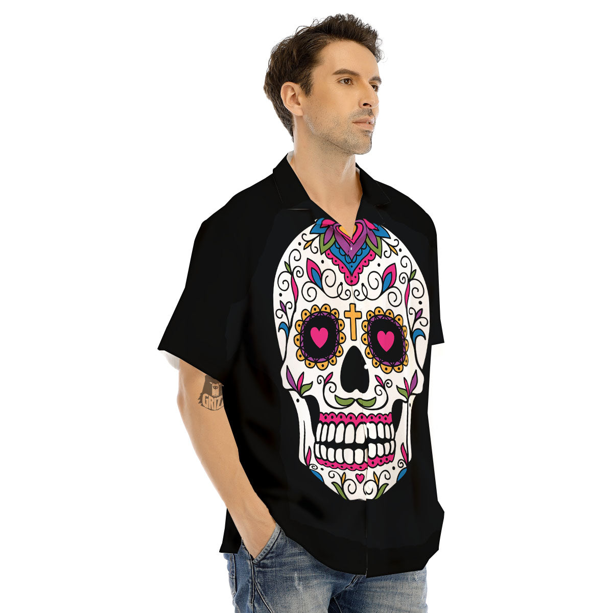 Sugar Skull Day Of The Dead Print Men's Hawaiian Shirt-grizzshop