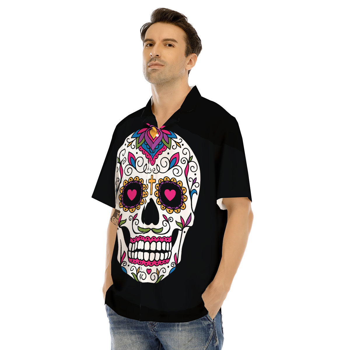 Sugar Skull Day Of The Dead Print Men's Hawaiian Shirt-grizzshop