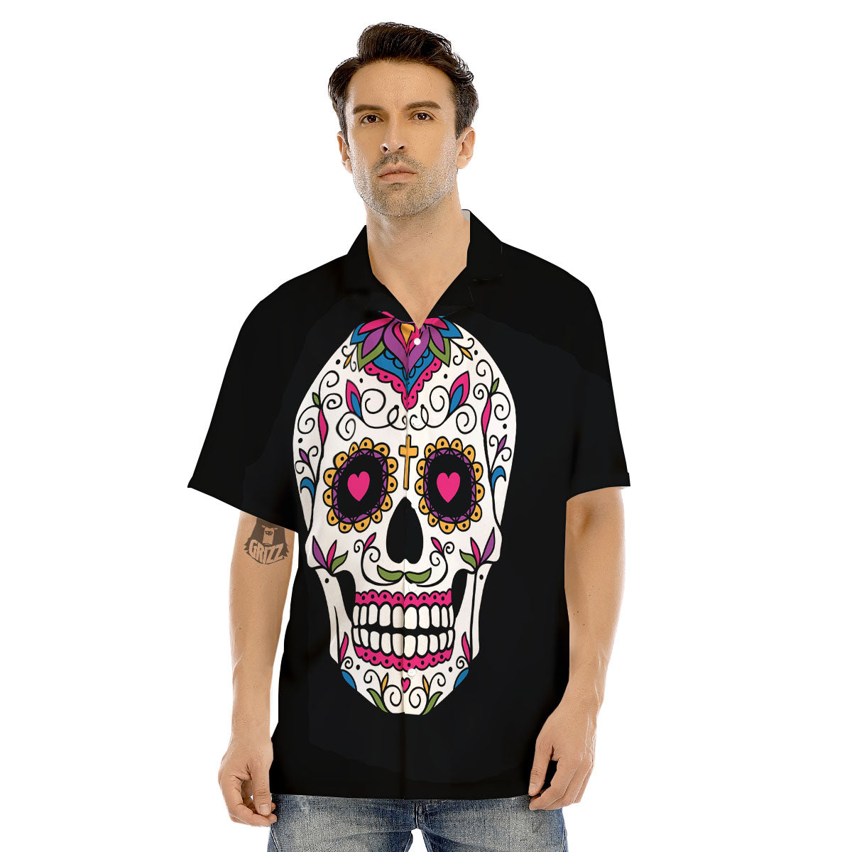 Sugar Skull Day Of The Dead Print Men's Hawaiian Shirt-grizzshop