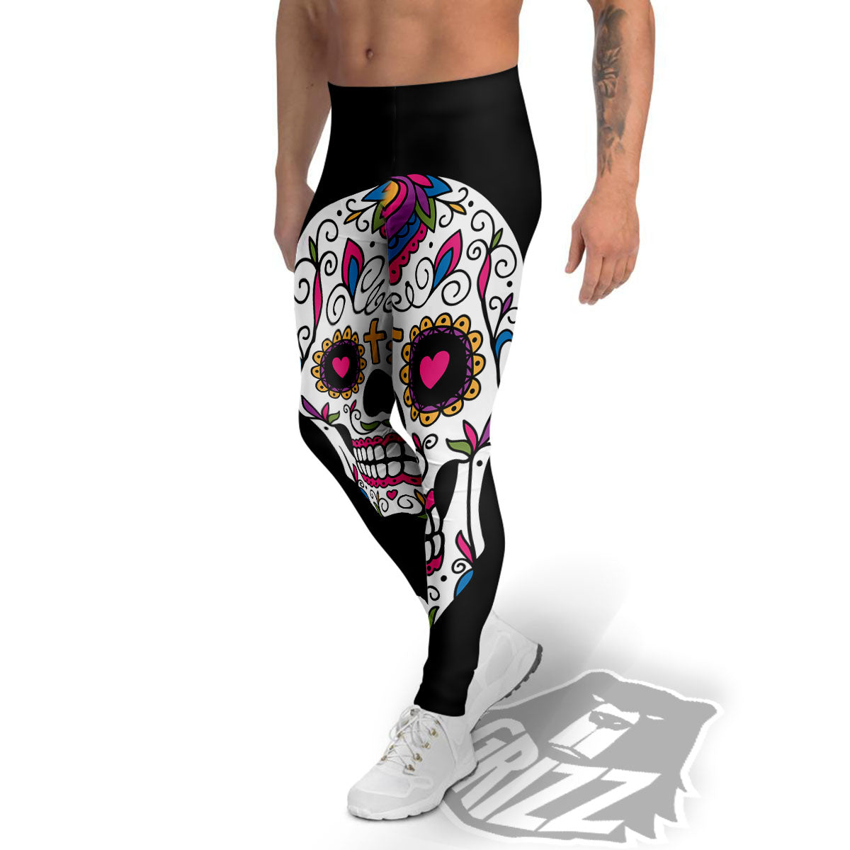 Sugar Skull Day Of The Dead Print Men's Leggings-grizzshop