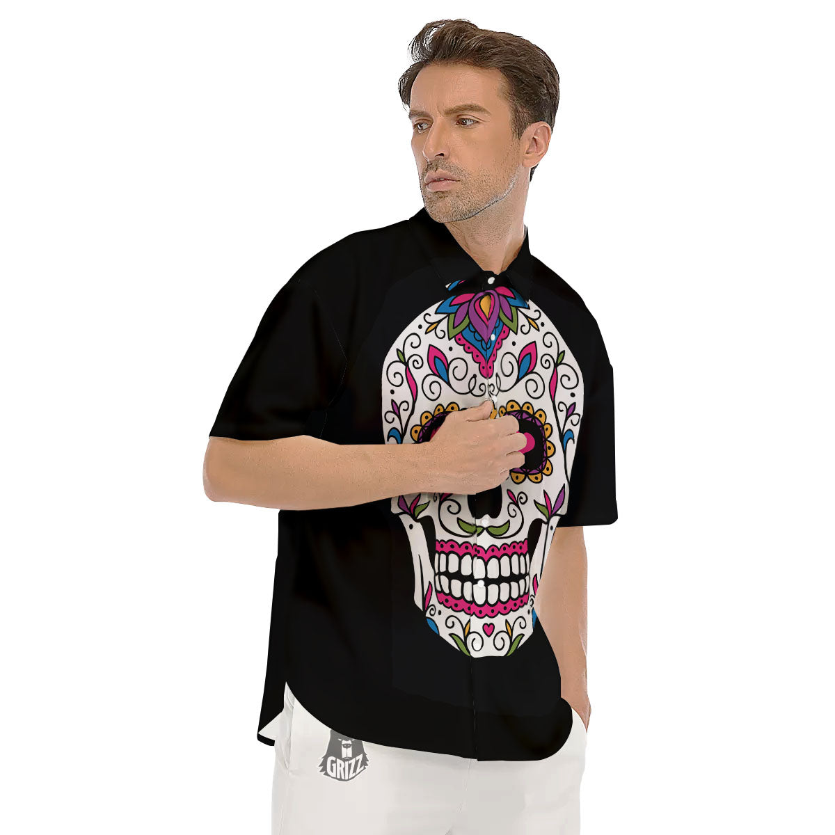 Sugar Skull Day Of The Dead Print Men's Short Sleeve Shirts-grizzshop