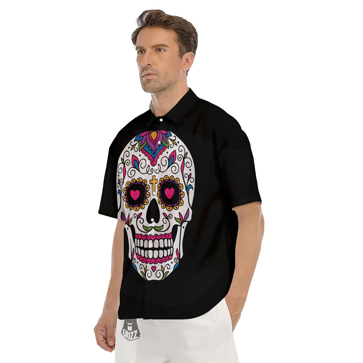 Sugar Skull Day Of The Dead Print Men's Short Sleeve Shirts-grizzshop