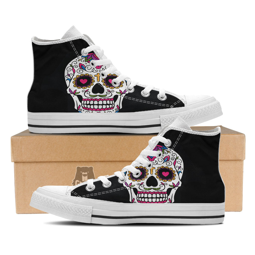Sugar Skull Day Of The Dead Print White High Top Shoes-grizzshop
