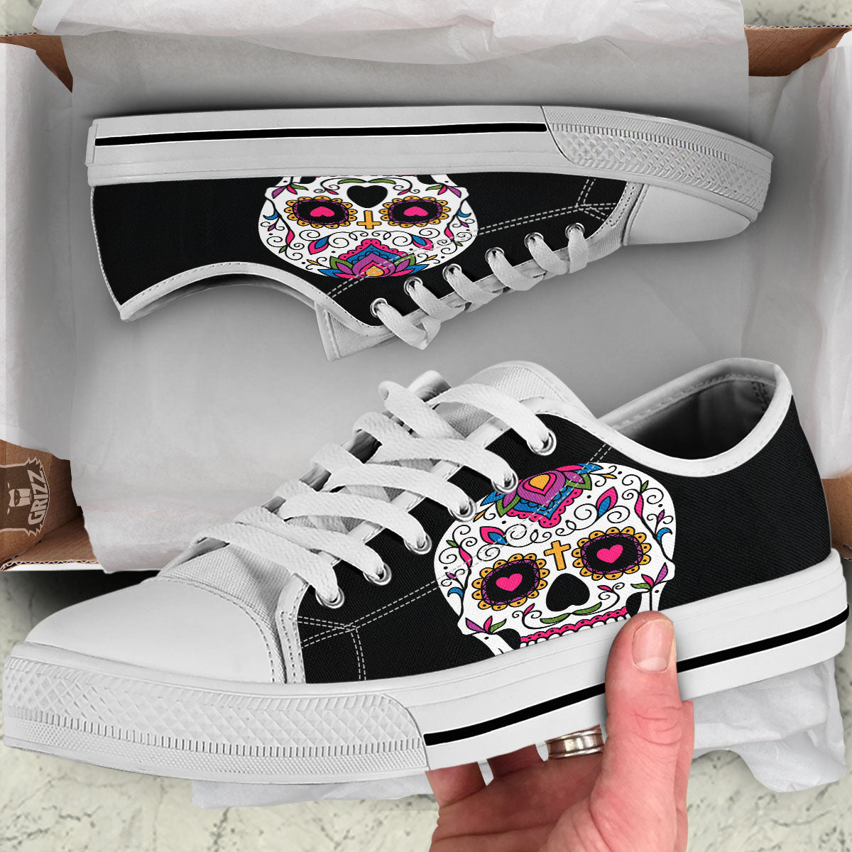 Sugar Skull Day Of The Dead Print White Low Top Shoes-grizzshop