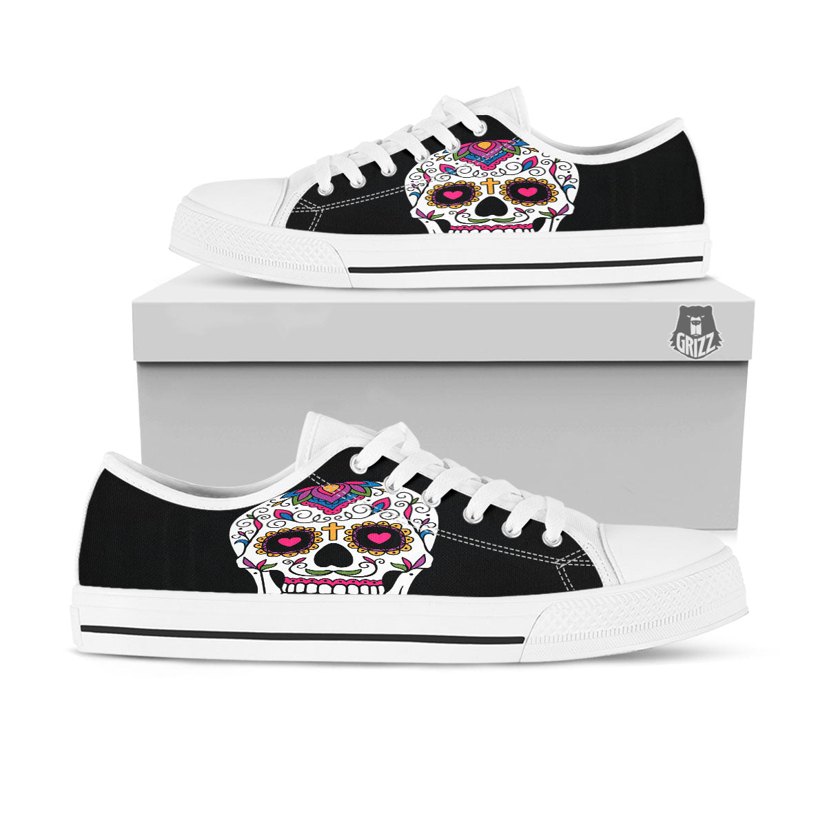 Sugar Skull Day Of The Dead Print White Low Top Shoes-grizzshop