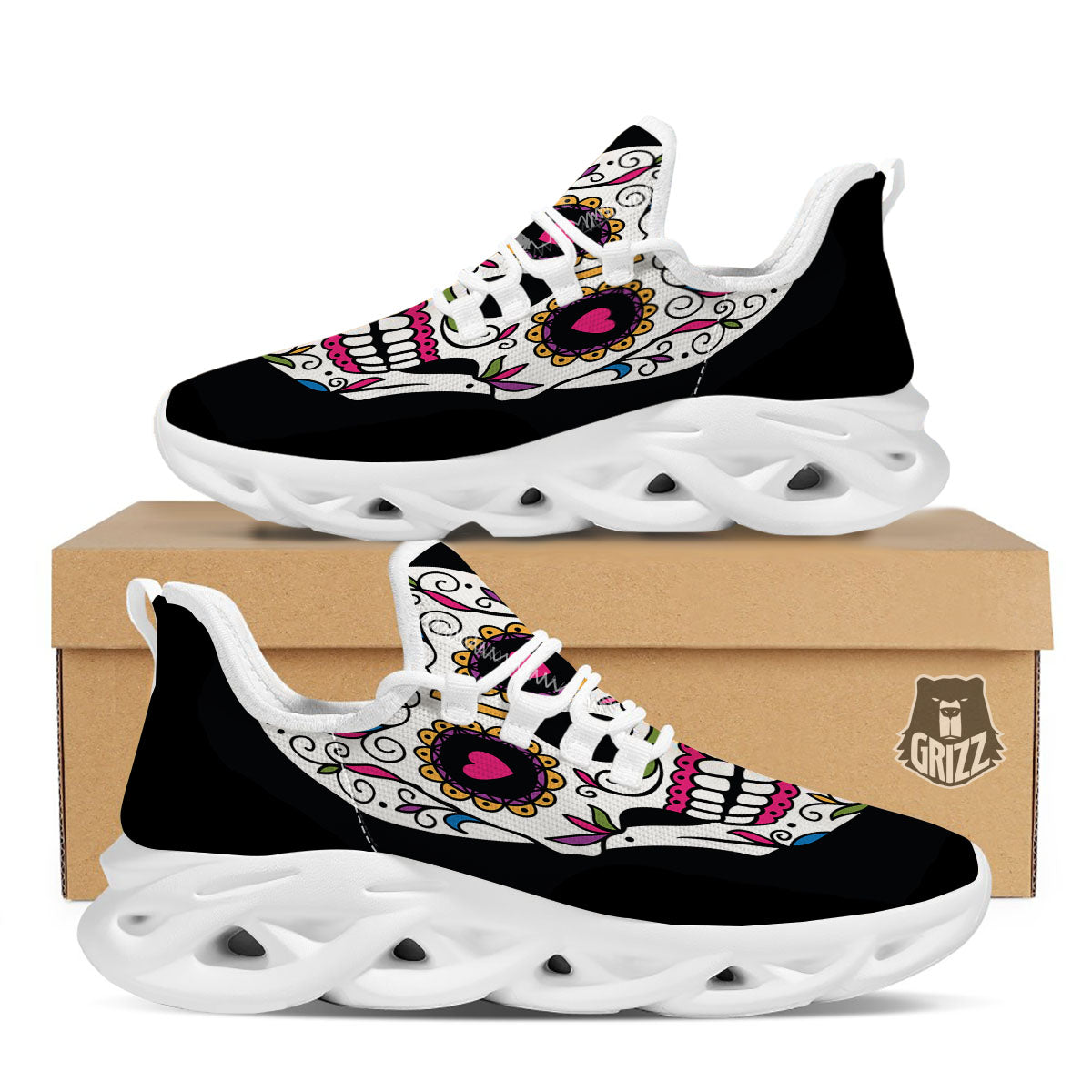 Sugar Skull Day Of The Dead Print White Running Shoes-grizzshop