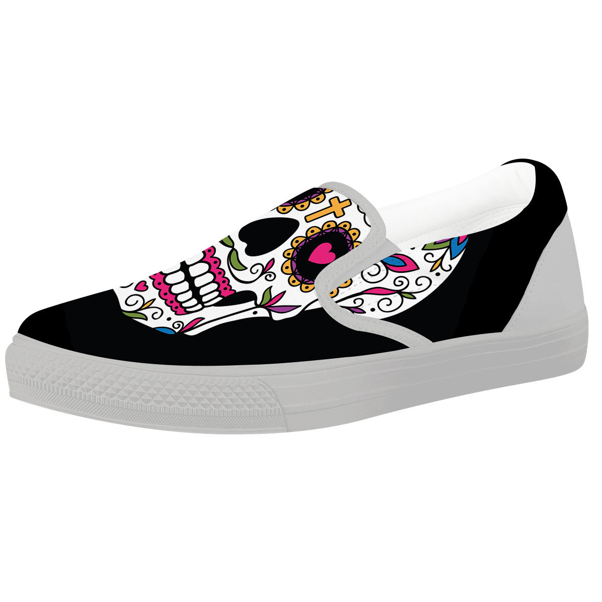 Sugar Skull Day Of The Dead Print White Slip On Shoes-grizzshop