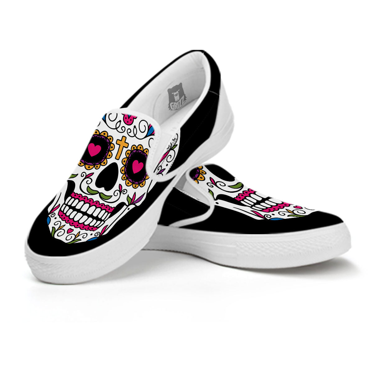 Sugar Skull Day Of The Dead Print White Slip On Shoes-grizzshop