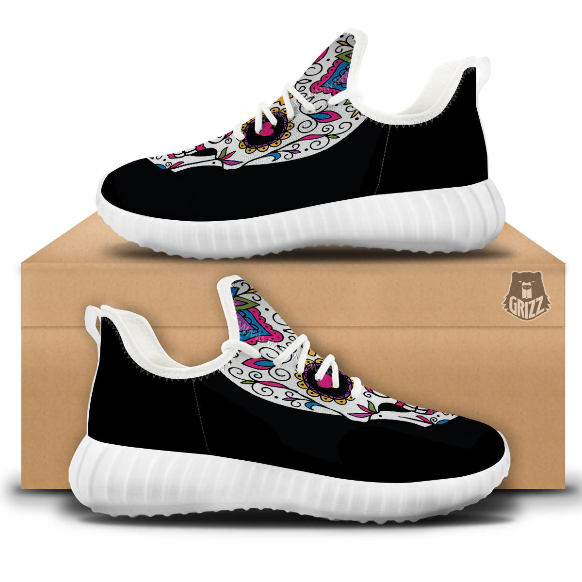 Sugar Skull Day Of The Dead Print White Walking Shoes-grizzshop