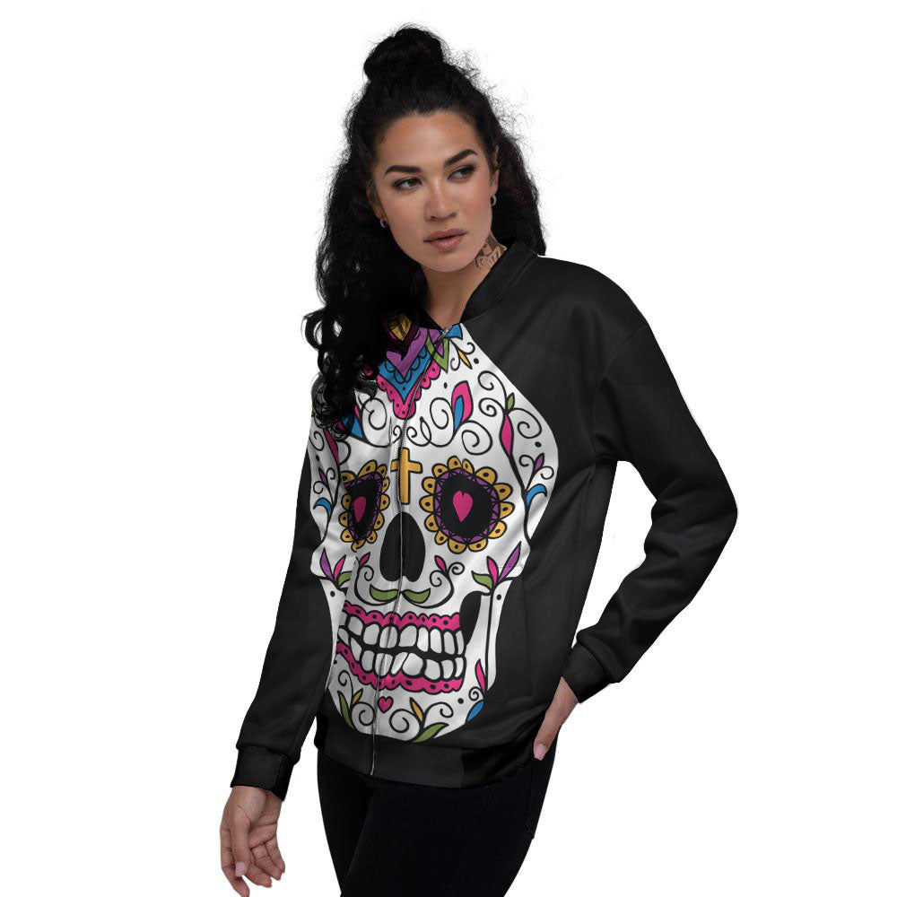 Sugar Skull Day Of The Dead Print Women's Bomber Jacket-grizzshop
