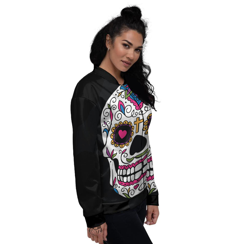 Sugar Skull Day Of The Dead Print Women's Bomber Jacket-grizzshop