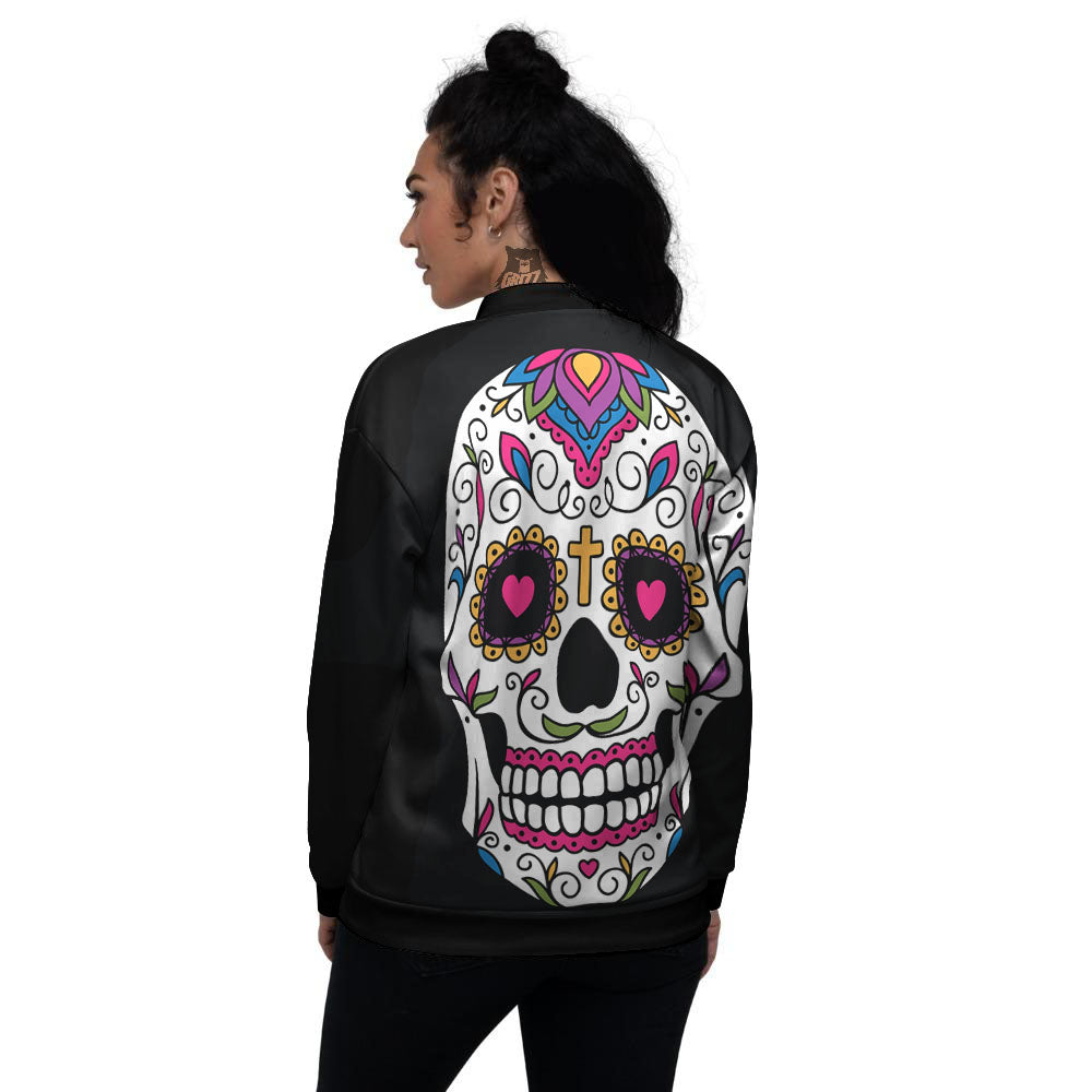 Sugar Skull Day Of The Dead Print Women's Bomber Jacket-grizzshop