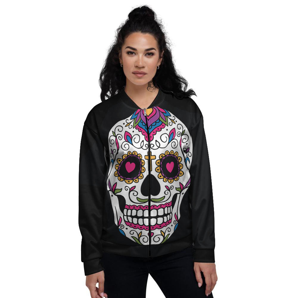 Sugar Skull Day Of The Dead Print Women's Bomber Jacket-grizzshop