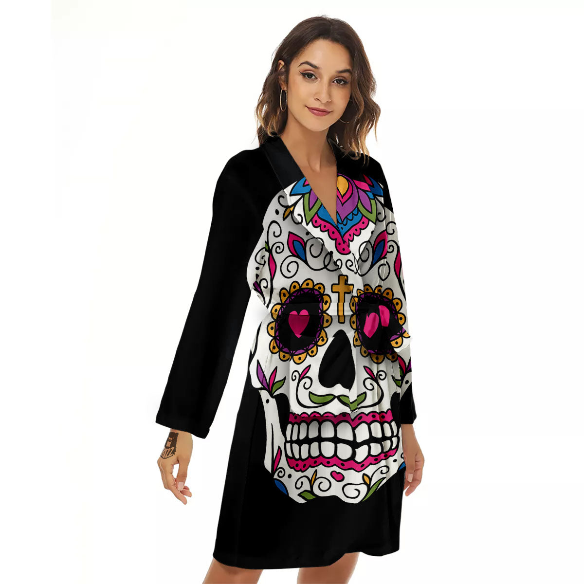 Sugar Skull Day Of The Dead Print Women's Robe-grizzshop