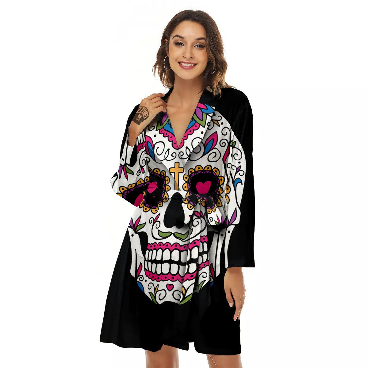 Sugar Skull Day Of The Dead Print Women's Robe-grizzshop