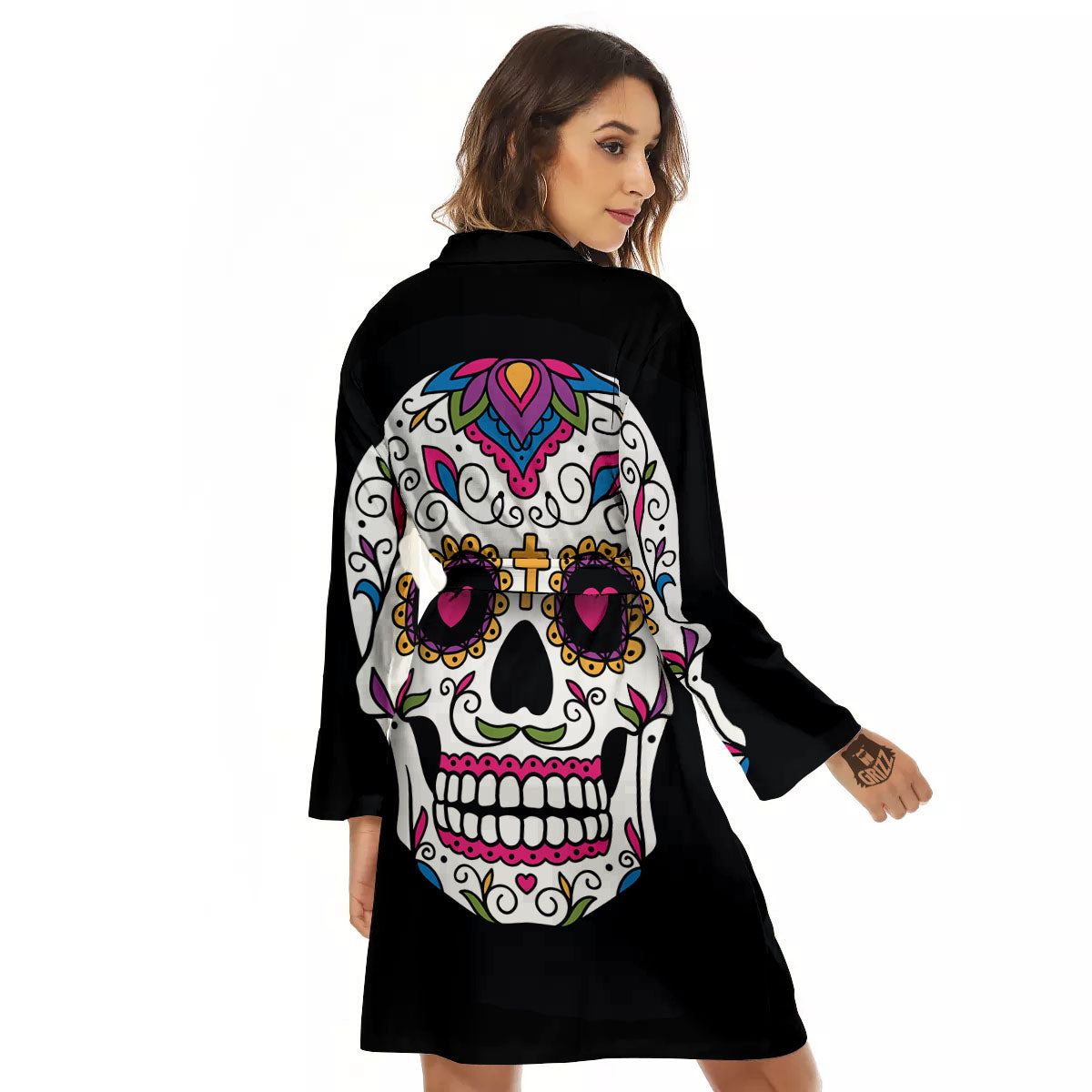 Sugar Skull Day Of The Dead Print Women's Robe-grizzshop