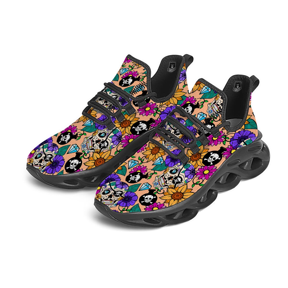 Sugar Skull Flower Black Running Shoes-grizzshop
