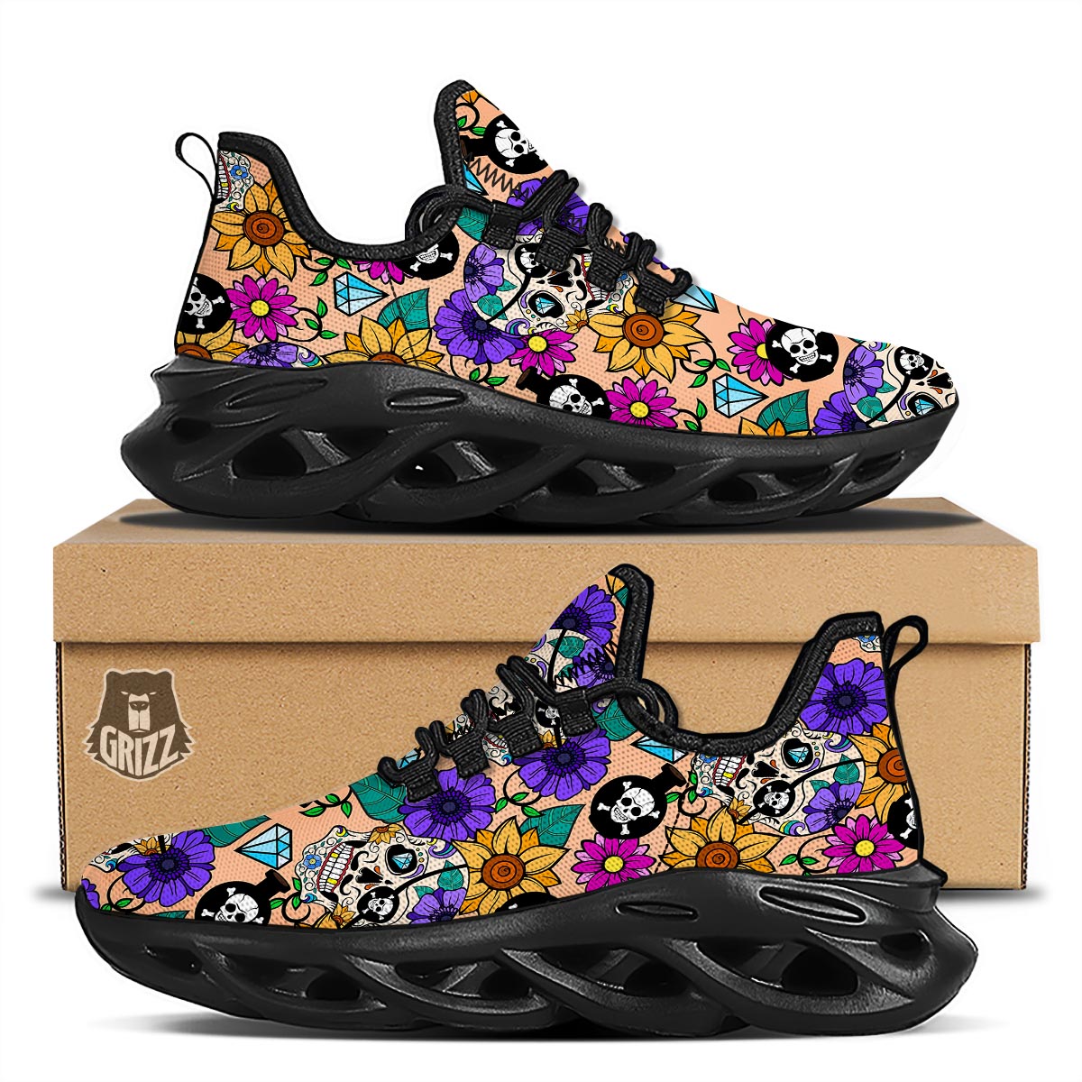Sugar Skull Flower Black Running Shoes-grizzshop