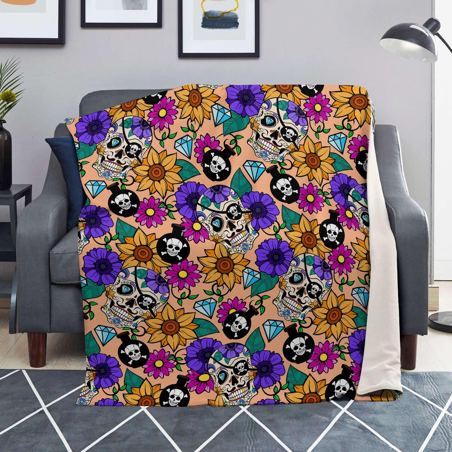 Sugar Skull Flower Blanket-grizzshop