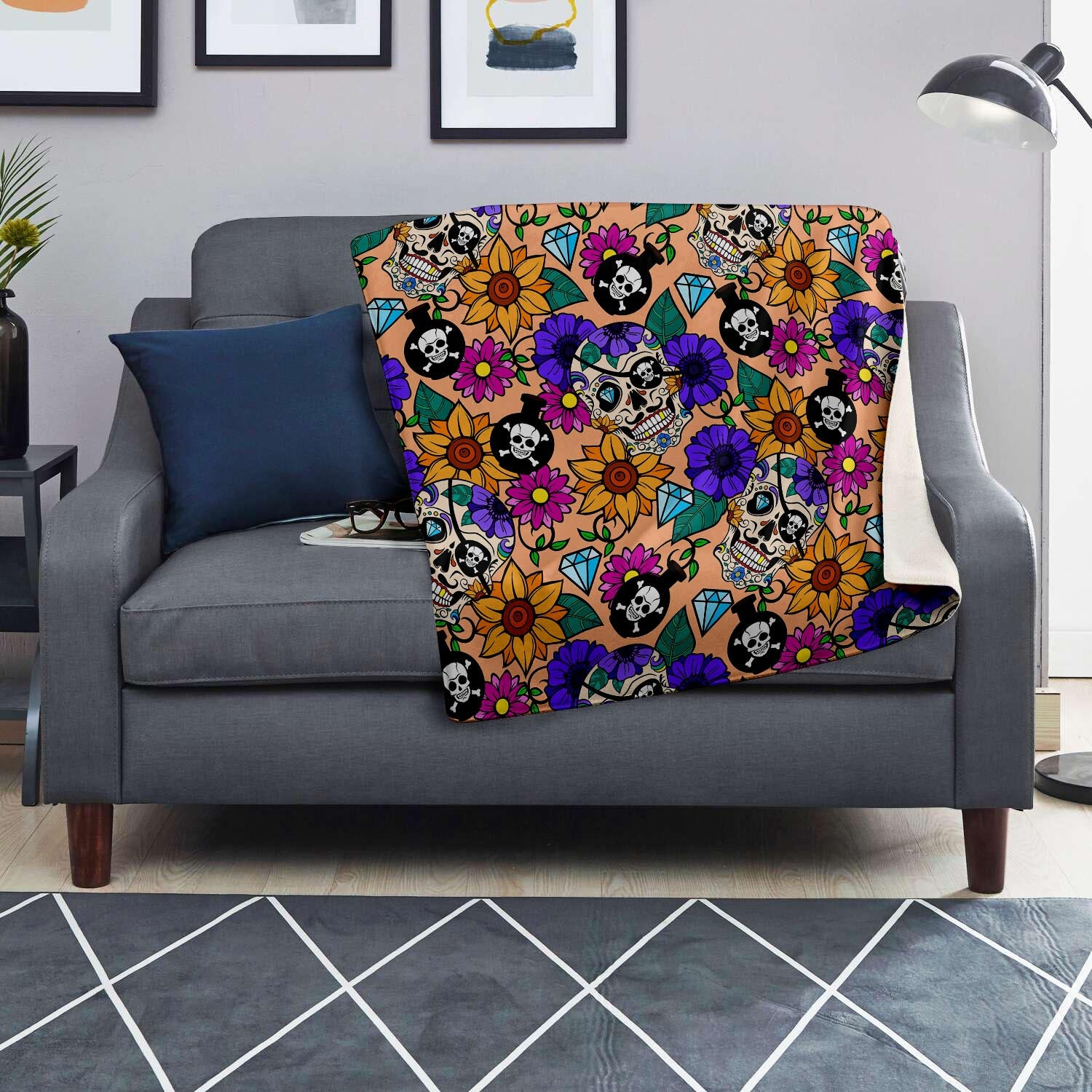 Sugar Skull Flower Blanket-grizzshop