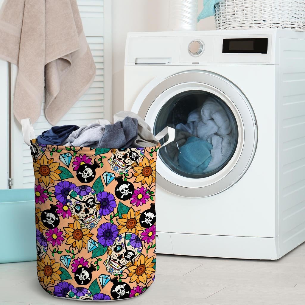 Sugar Skull Flower Laundry Basket-grizzshop