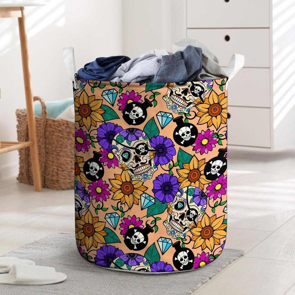 Sugar Skull Flower Laundry Basket-grizzshop