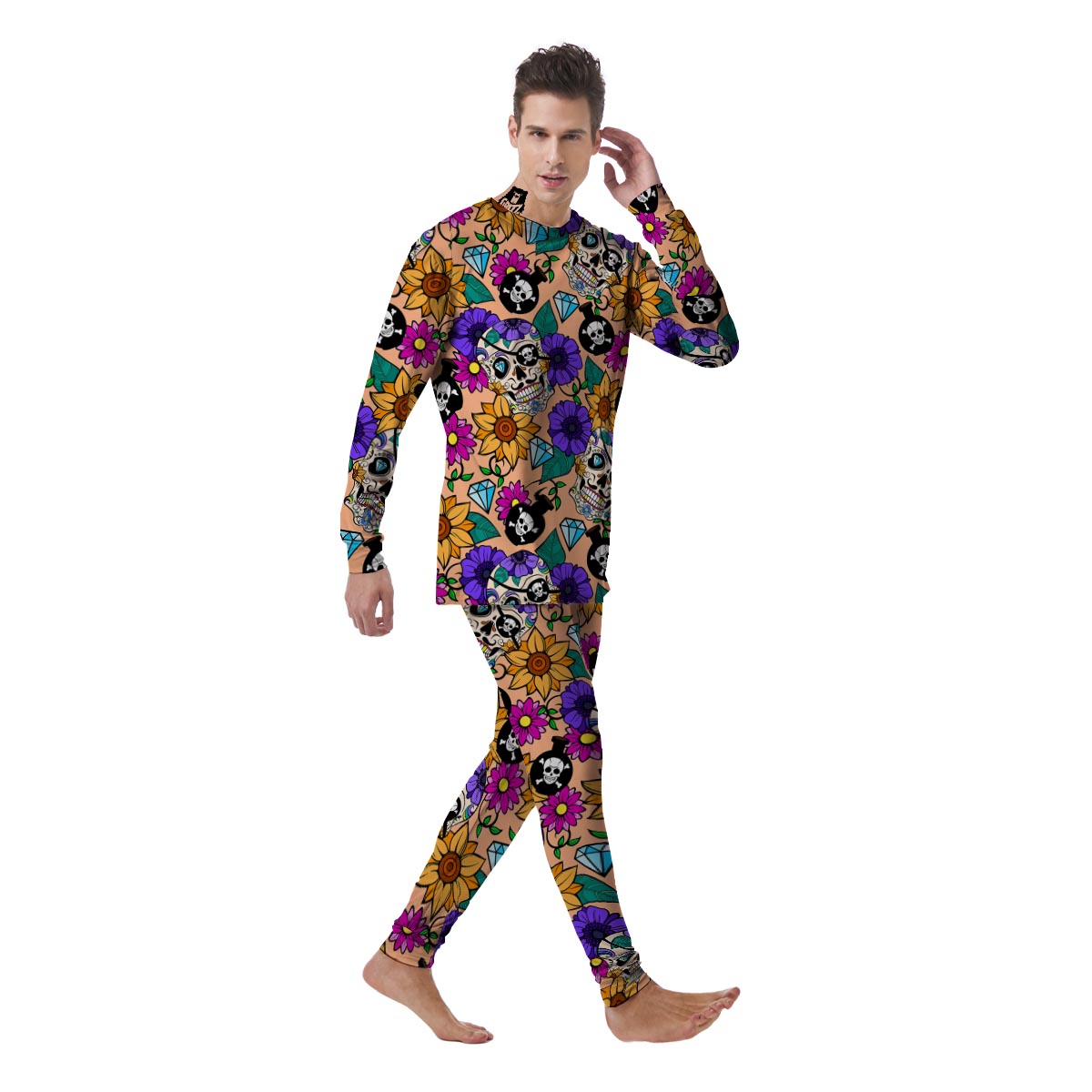 Sugar Skull Flower Men's Pajamas-grizzshop