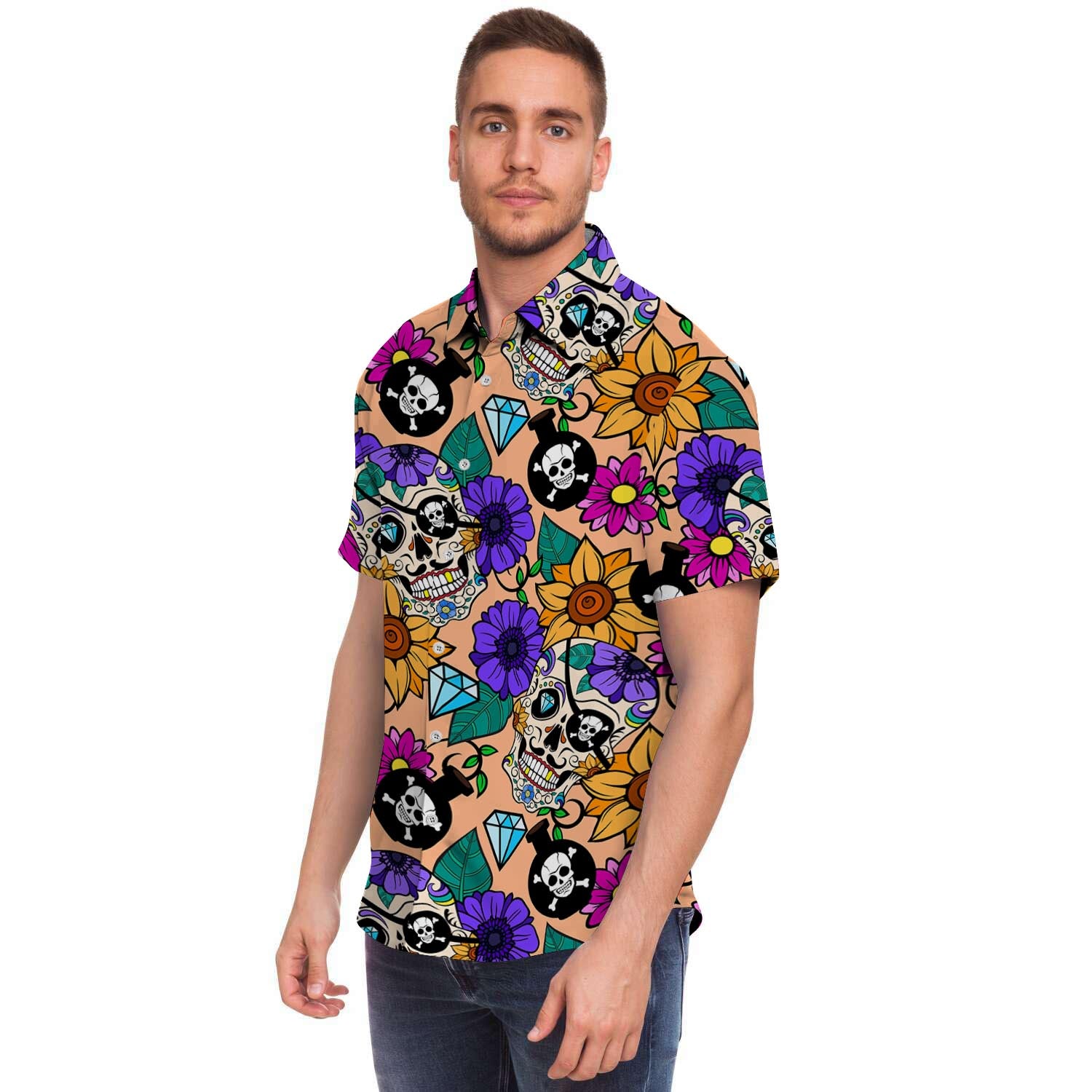 Sugar Skull Flower Men's Short Sleeve Shirt-grizzshop