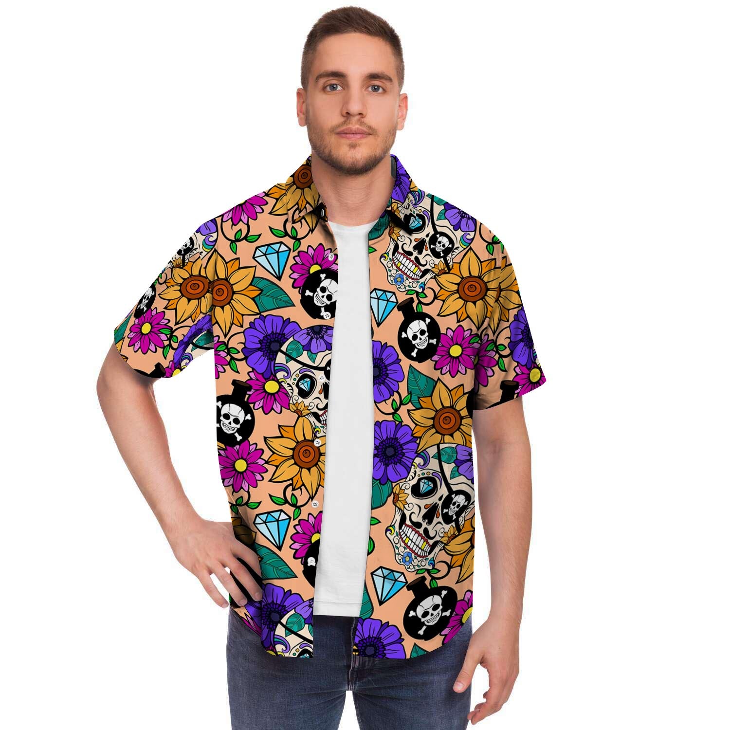 Sugar Skull Flower Men's Short Sleeve Shirt-grizzshop