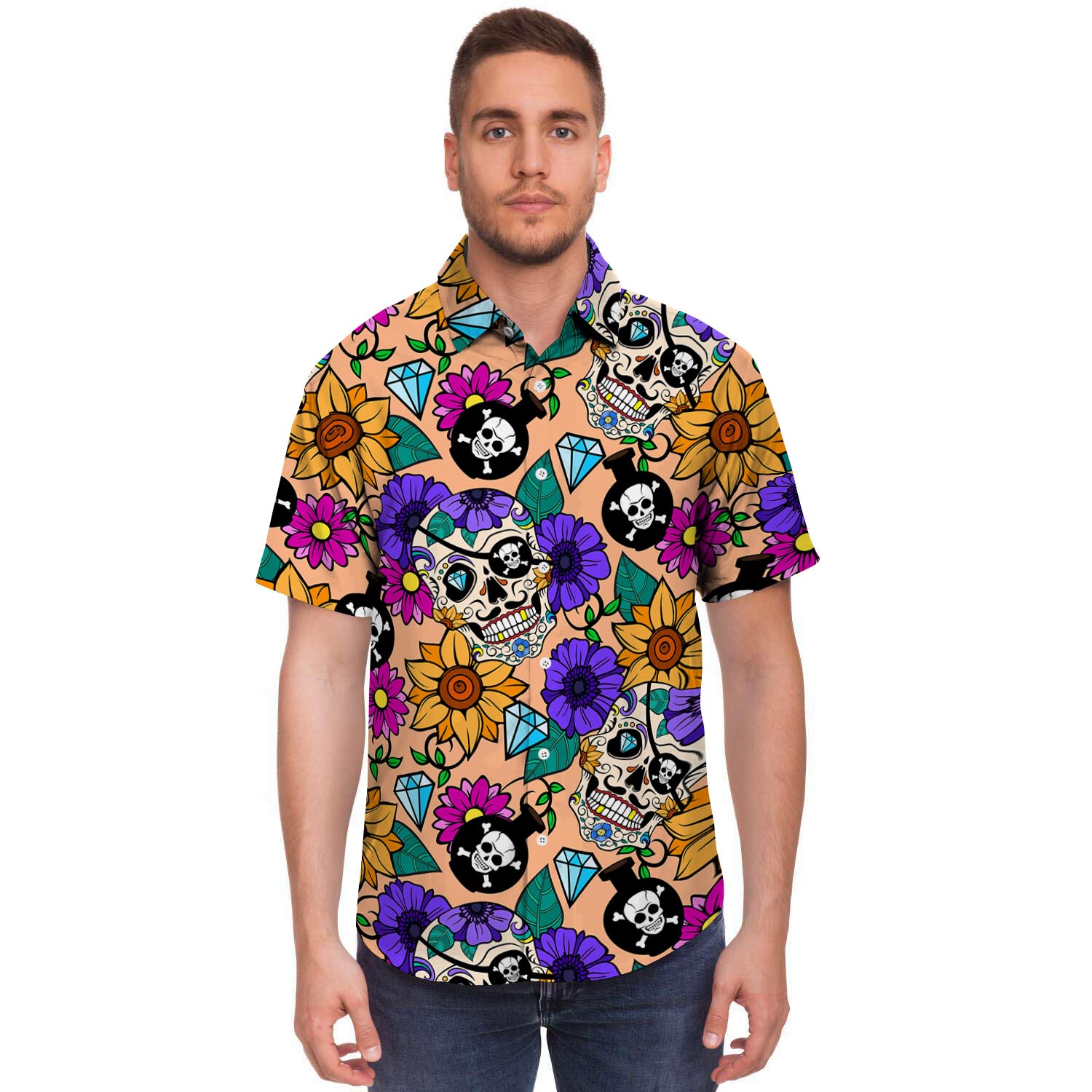 Sugar Skull Flower Men's Short Sleeve Shirt-grizzshop