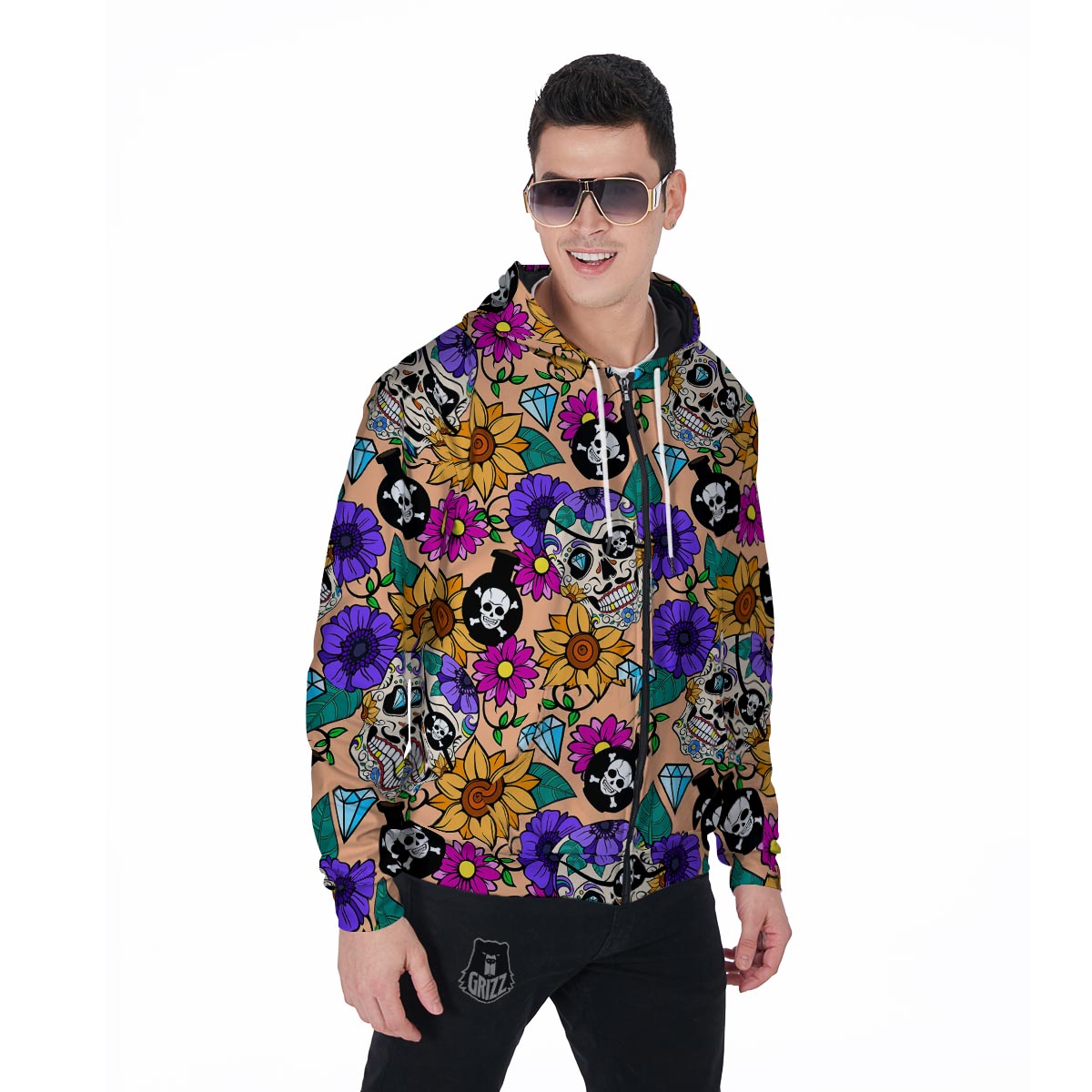 Sugar Skull Flower Men's Zip Up Hoodie-grizzshop