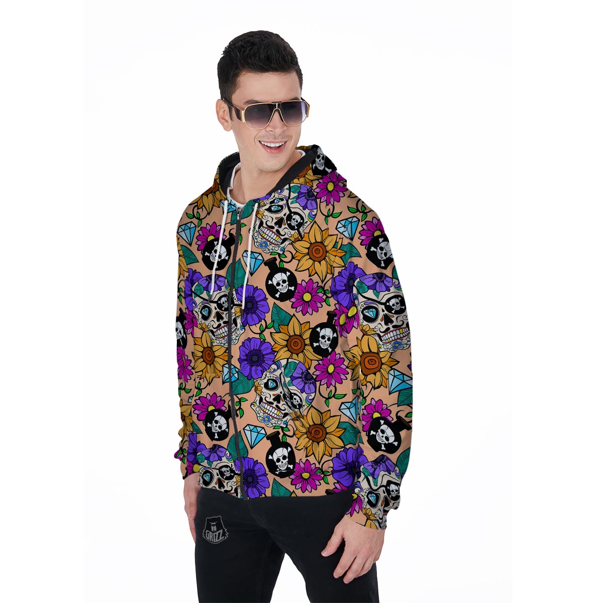 Sugar Skull Flower Men's Zip Up Hoodie-grizzshop