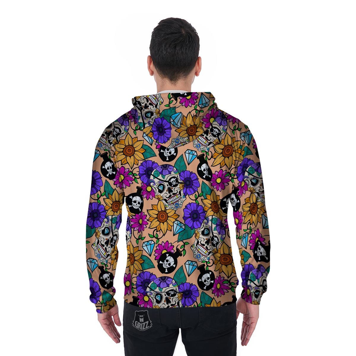 Sugar Skull Flower Men's Zip Up Hoodie-grizzshop