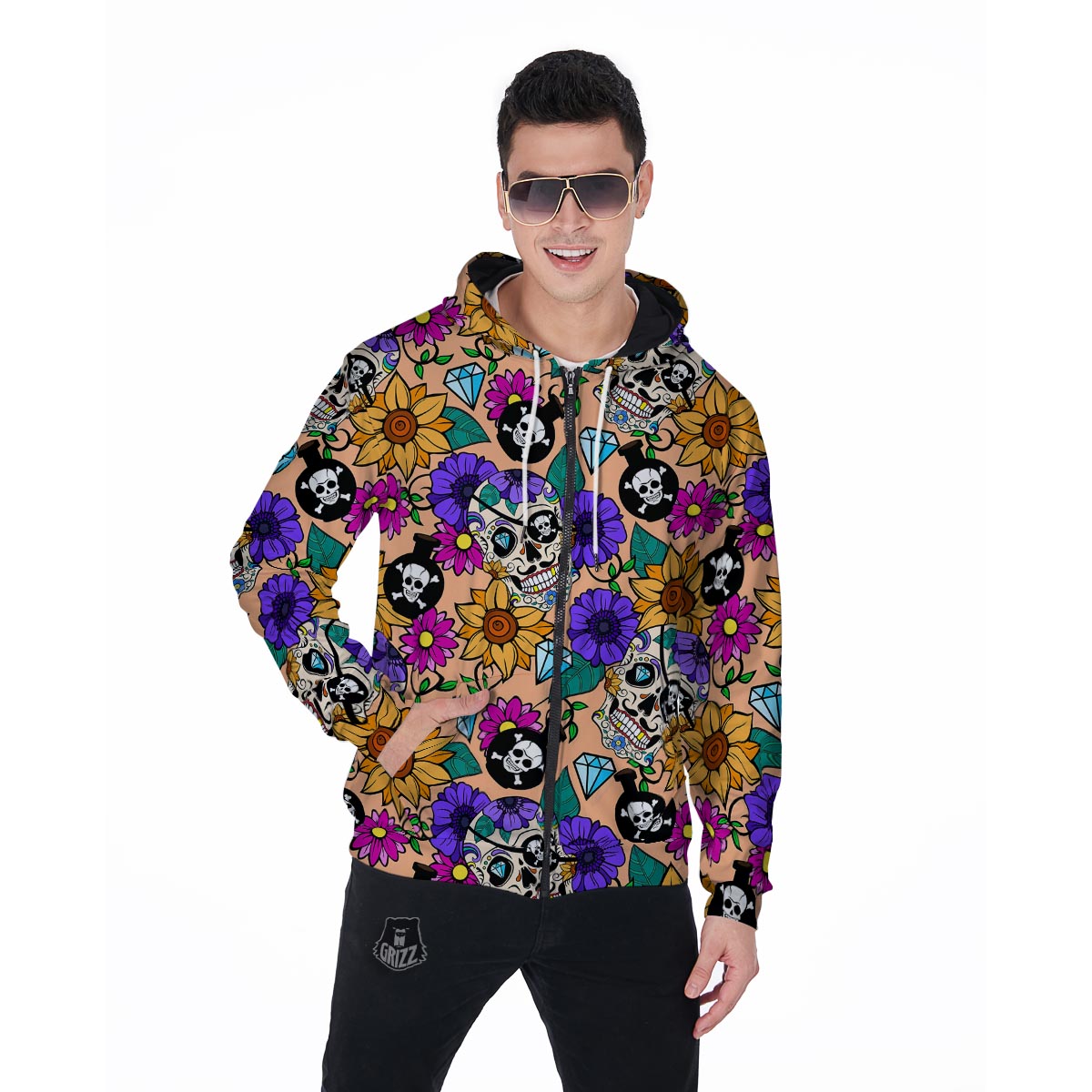 Sugar Skull Flower Men's Zip Up Hoodie-grizzshop
