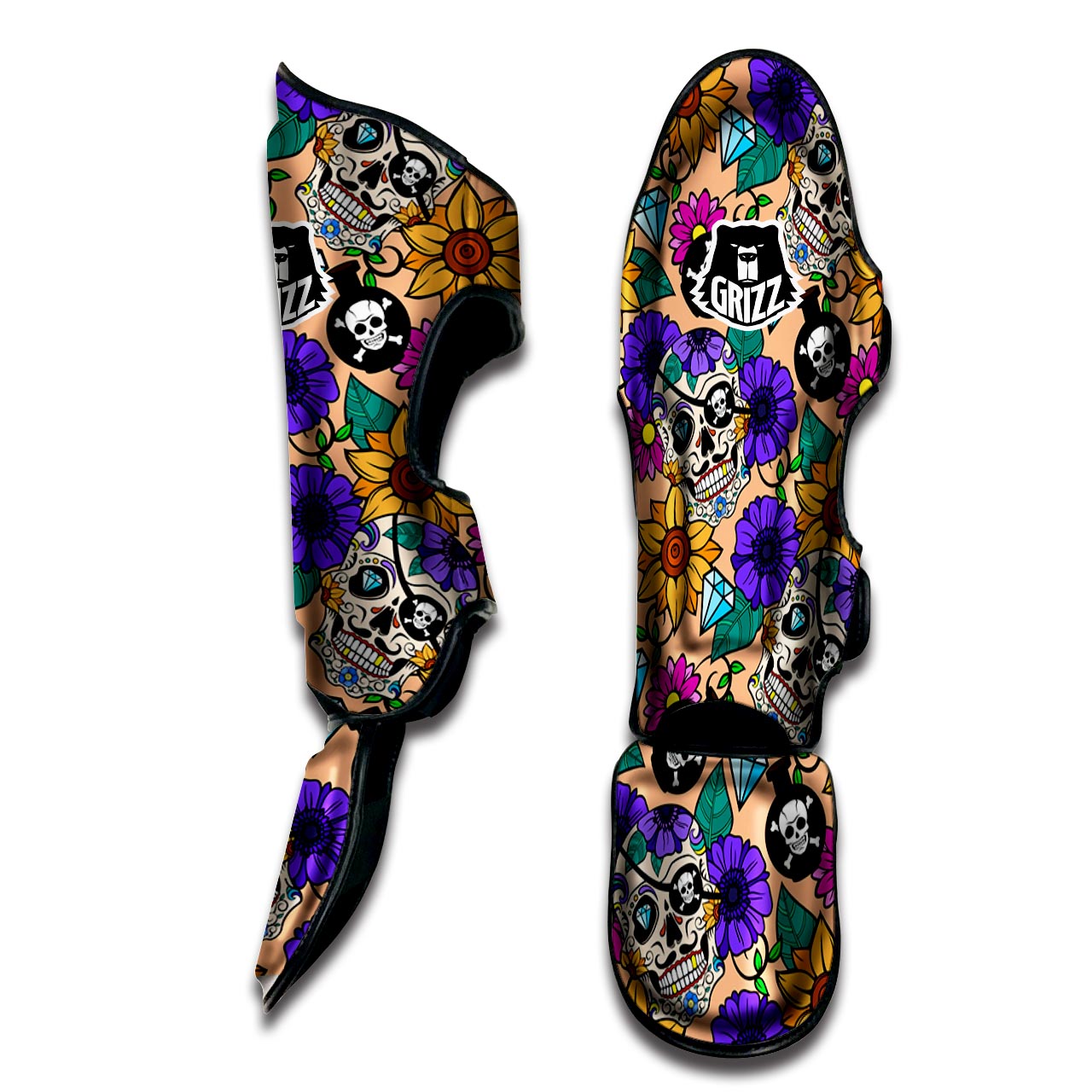 Sugar Skull Flower Muay Thai Shin Guard-grizzshop