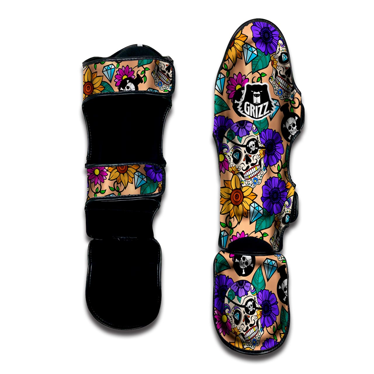 Sugar Skull Flower Muay Thai Shin Guard-grizzshop