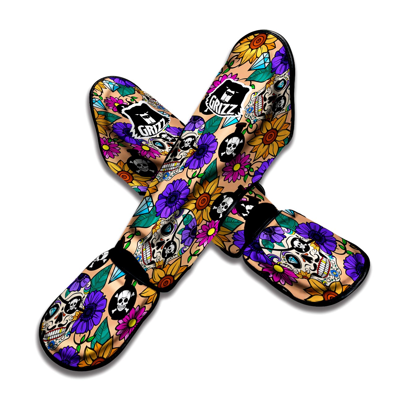 Sugar Skull Flower Muay Thai Shin Guard-grizzshop