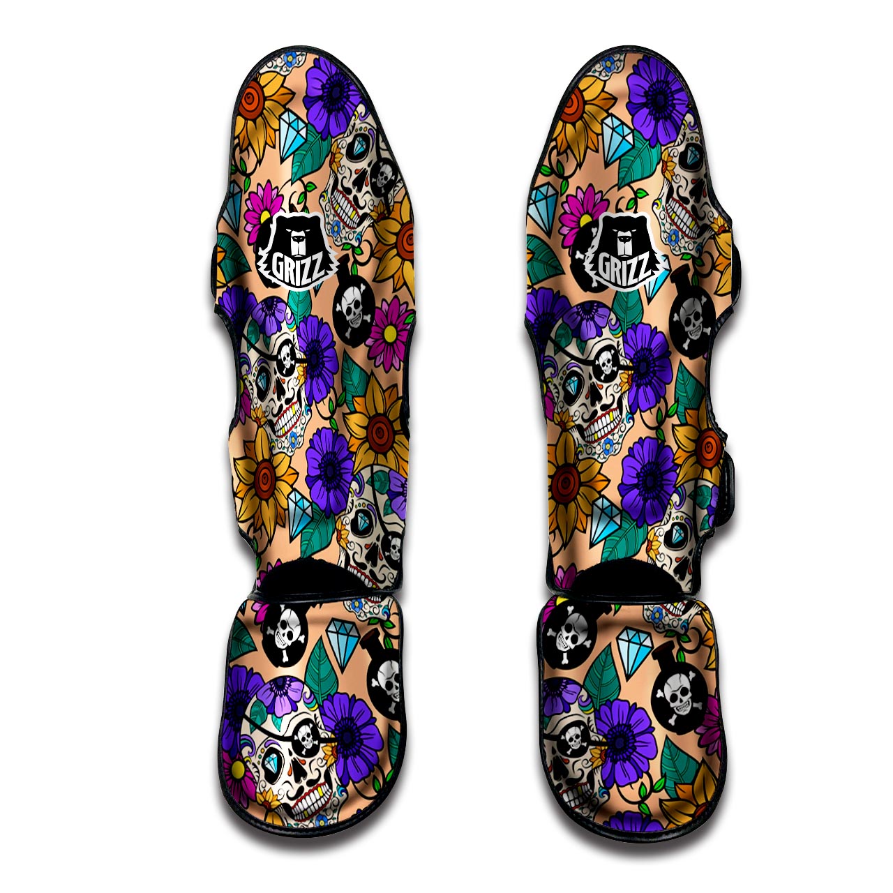 Sugar Skull Flower Muay Thai Shin Guard-grizzshop