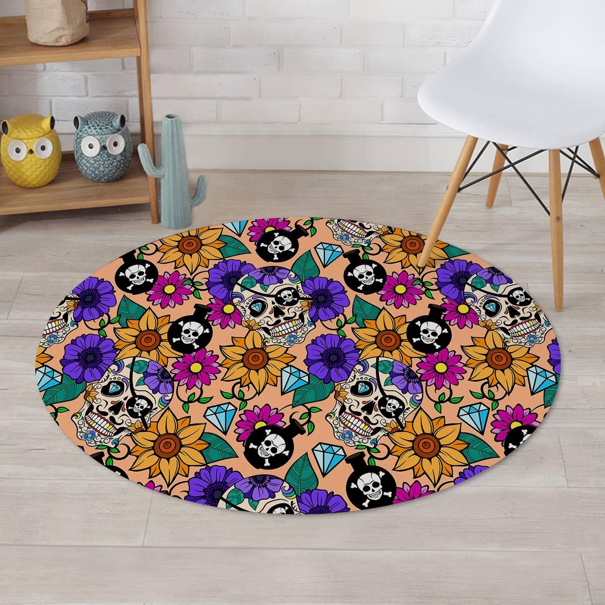 Sugar Skull Flower Round Rug-grizzshop