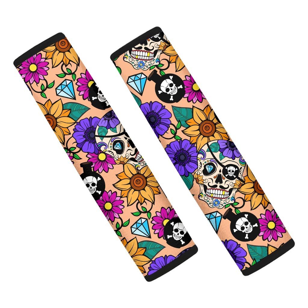 Sugar Skull Flower Seat Belt Cover-grizzshop