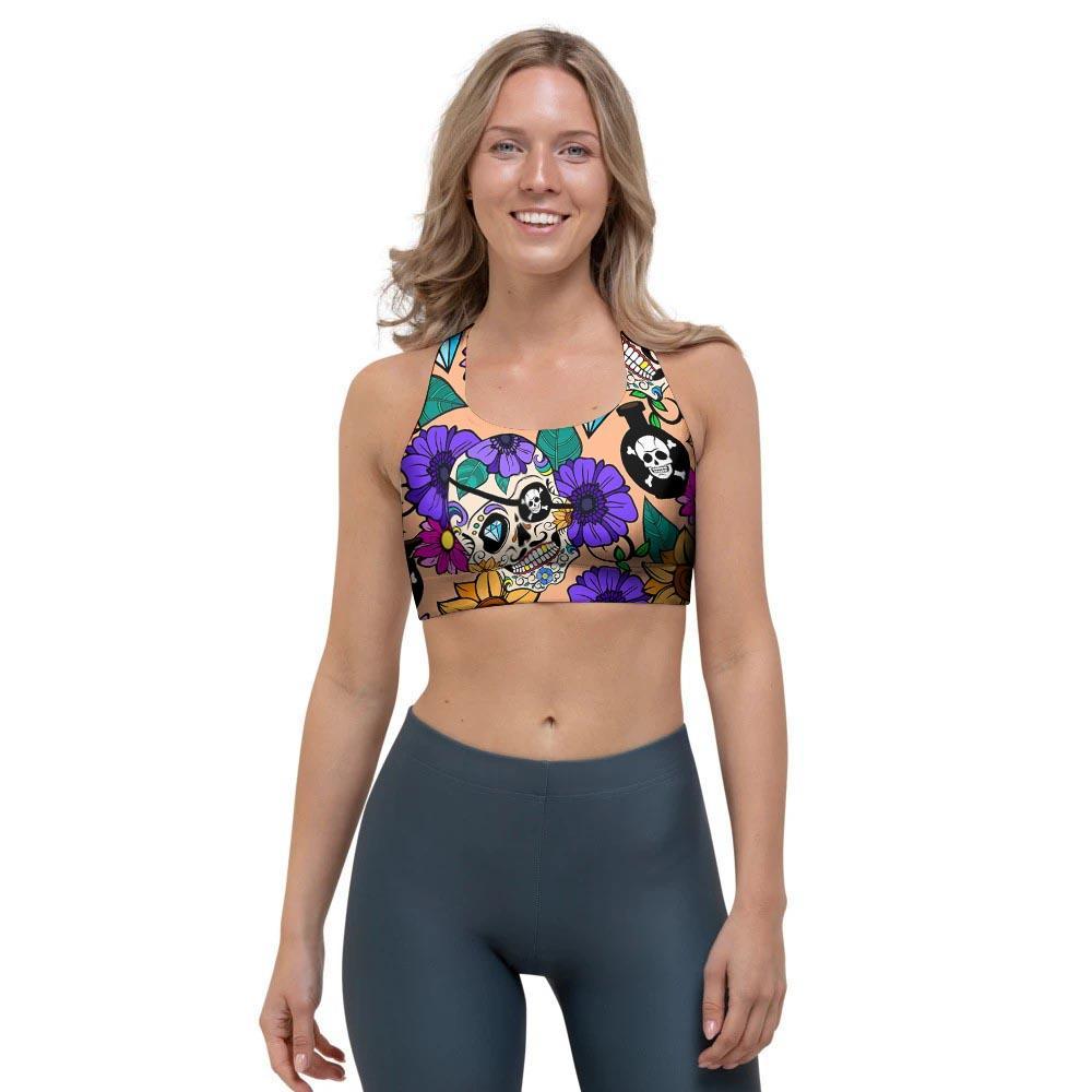 Sugar Skull Flower Sports Bra-grizzshop