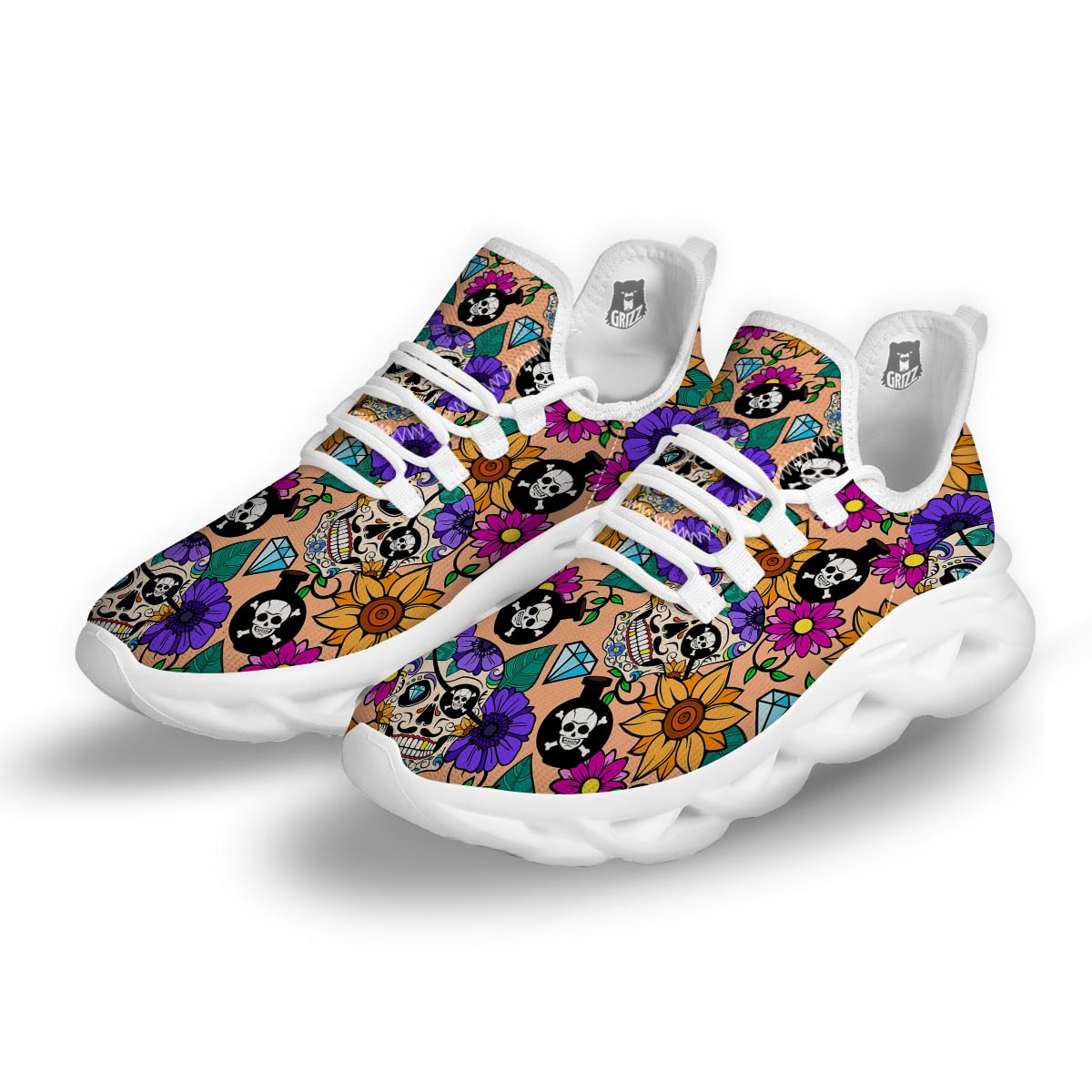 Sugar Skull Flower White Running Shoes-grizzshop