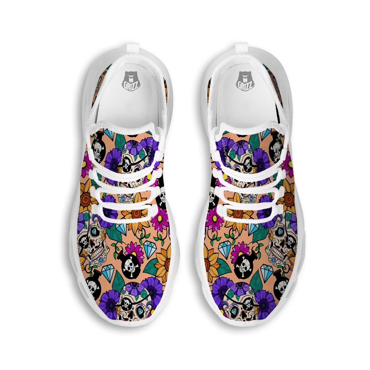 Sugar Skull Flower White Running Shoes-grizzshop