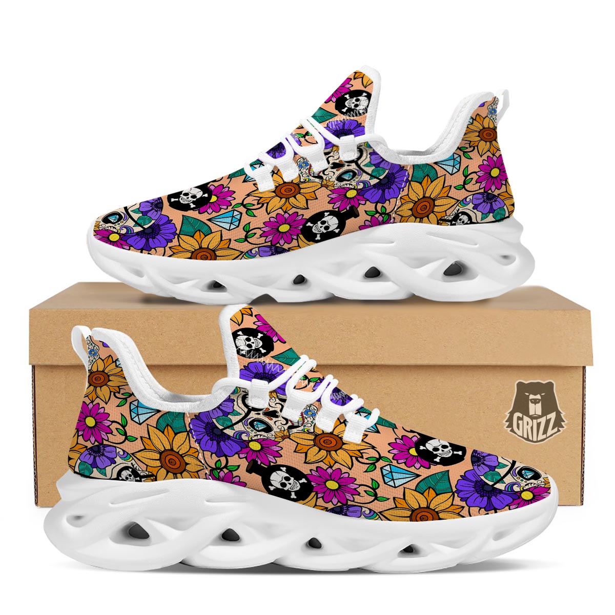 Sugar Skull Flower White Running Shoes-grizzshop