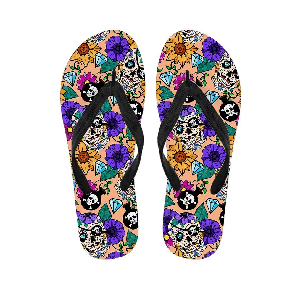 Sugar Skull Flower Women's Flip Flops-grizzshop