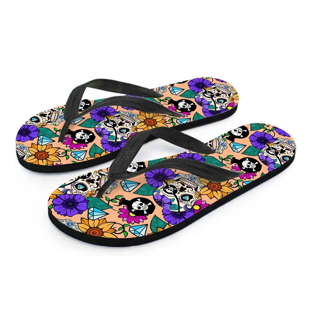 Sugar Skull Flower Women's Flip Flops-grizzshop