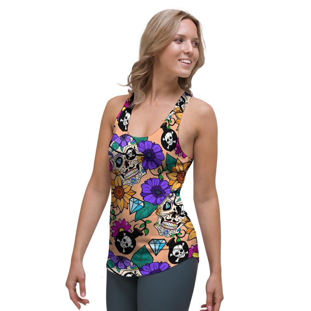 Sugar Skull Flower Women's Racerback Tank Top-grizzshop