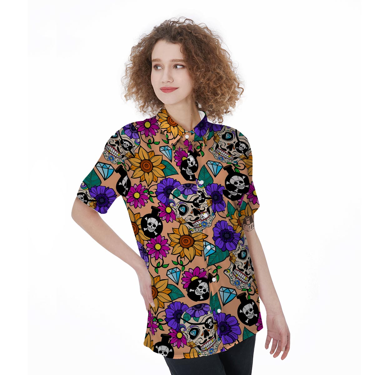 Sugar Skull Flower Women's Short Sleeve Shirts-grizzshop