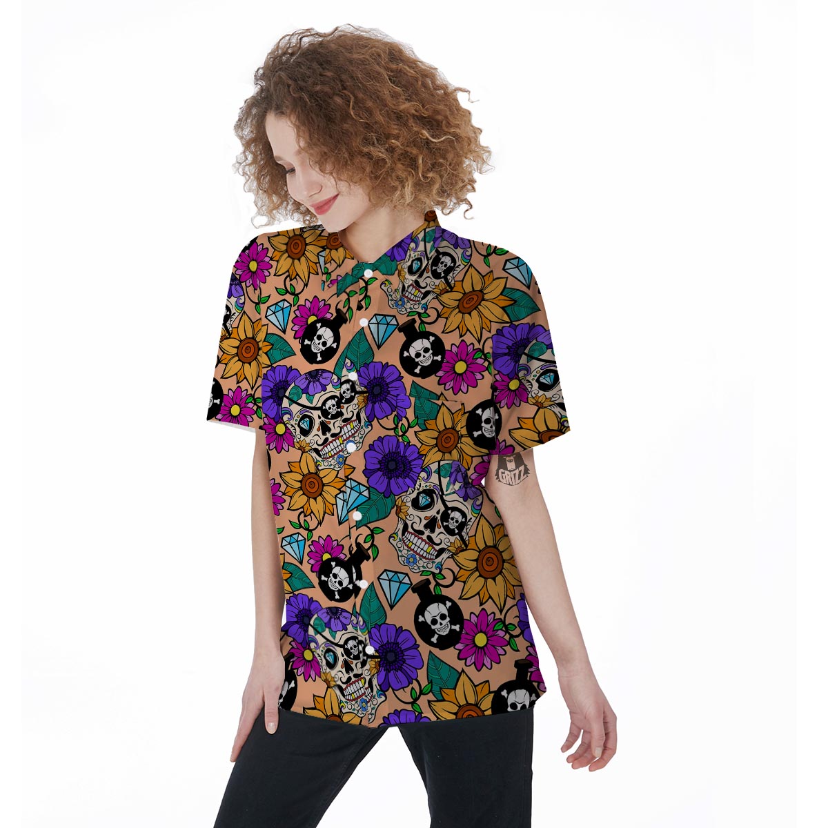 Sugar Skull Flower Women's Short Sleeve Shirts-grizzshop